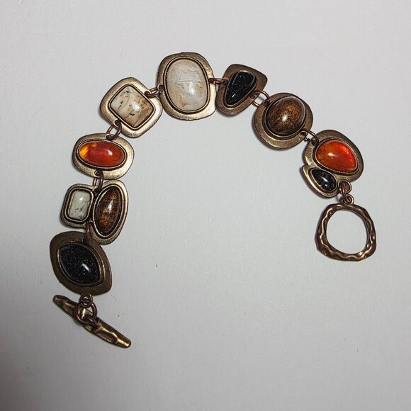 Vintage Multi-Stone Statement Bracelet | Bronze Tone Boho Chunky Link Design - Picture 4 of 7